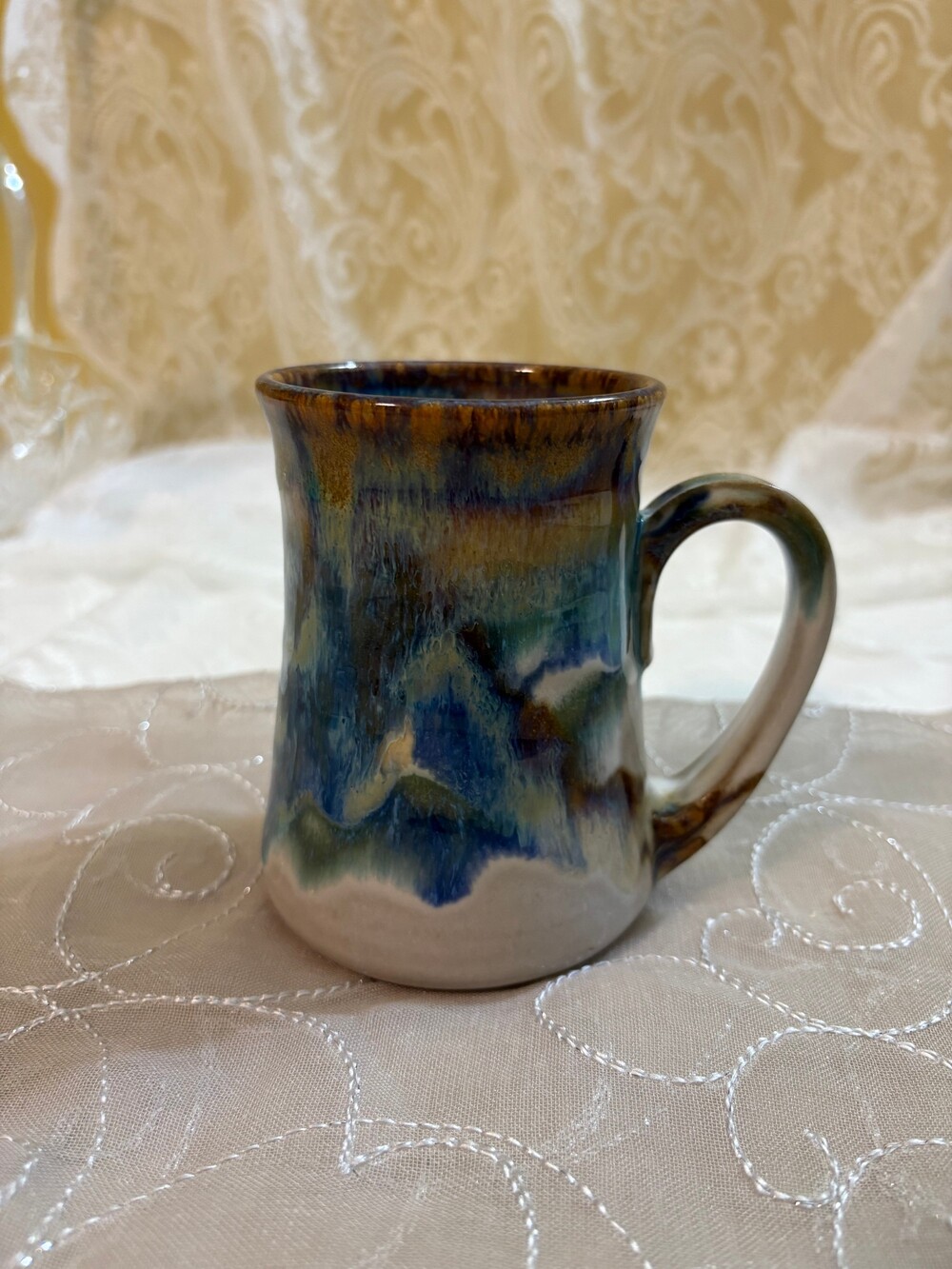 Vintage Wortman Pottery Signed Studio Art Pottery Mug Blue Brown Glaze - Ceramic
